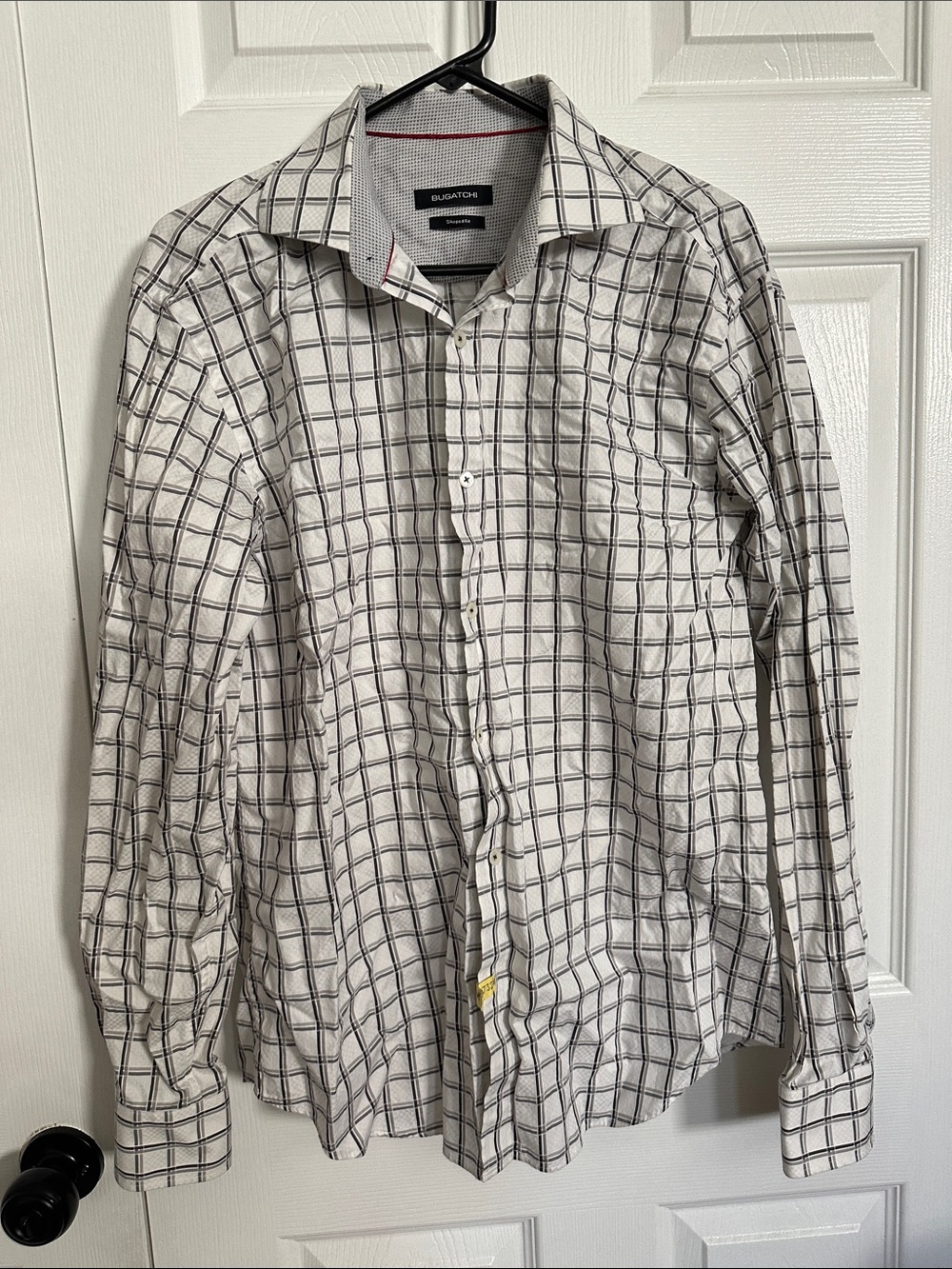 Men’s Bugatchi Long Sleeve Button Down White Shirt with Black and Grey Plaid